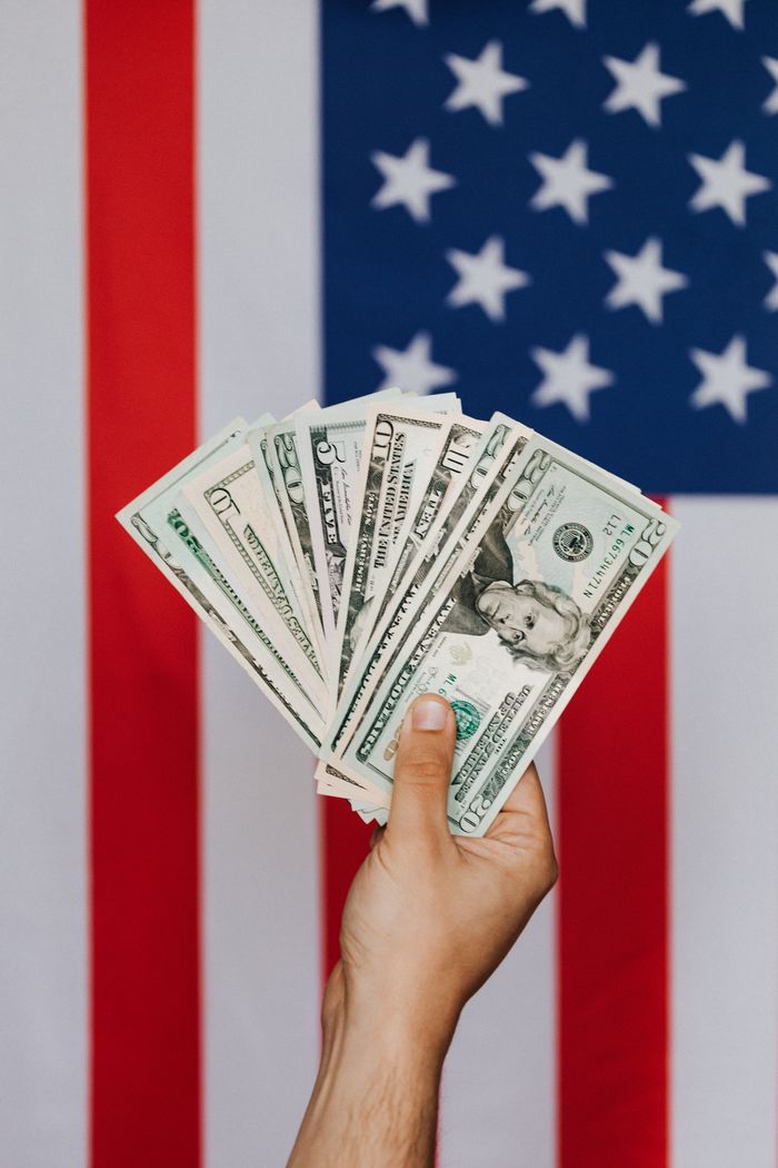 Crop unrecognizable person holding pile of dollars demonstrating money against national flag of United States of America